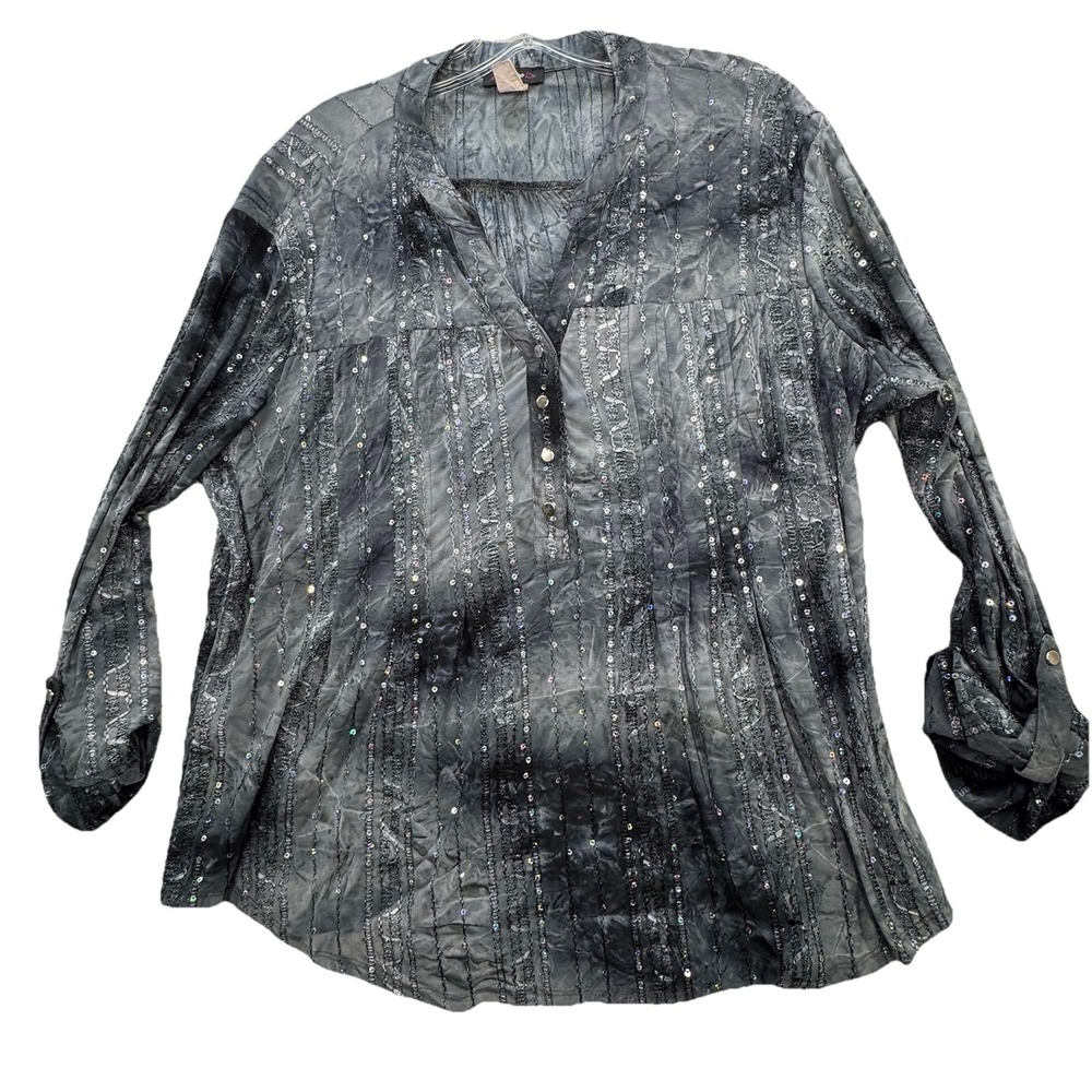 VTG Y2K Black Burnout Henley Top‎ Womens Size XL Whimsigoth Gothic Dark Sequin